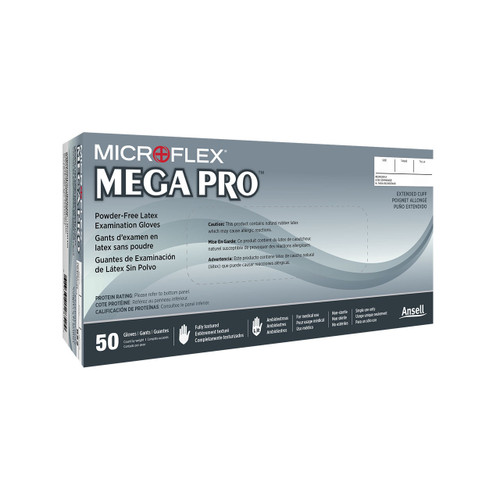 Microflex L851 MEGA PRO Extended Cuff Latex Exam Gloves, Box of 50, Size Small