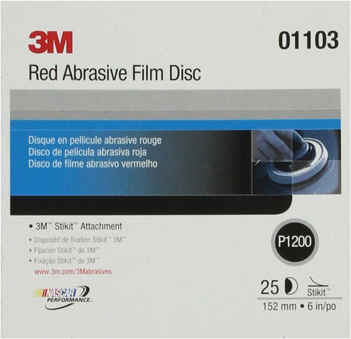 3M 01103 Red Abrasive Finishing Film Stikit Disc, 6", P1200, 25 Per Box