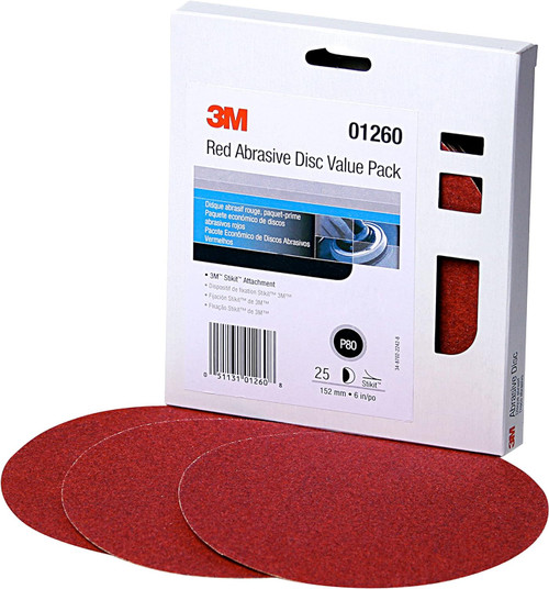 3M 01260 Red Abrasive Stikit Disc Value Pack, 6", P80 Grit, 25 Per Pack