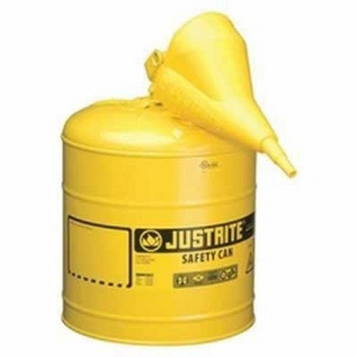 علبة أمان معدنية صفراء Justrite 7150210، النوع 1، سعة 5 جالون، مع قمع بلاستيكي أصفر، لوقود الديزل