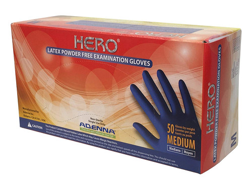 Adenna HER005 Hero 14 mil Latex Powder Free Exam Gloves (Blue, Medium) Box of 50