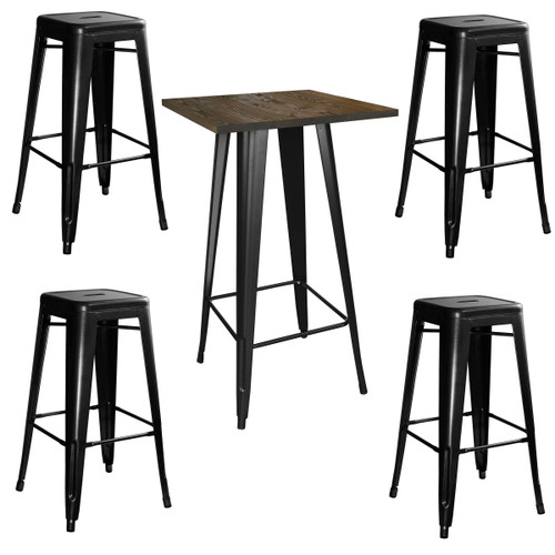 AmeriHome BSSET35 Loft Glossy Black Pub Set with Wood Top Table - 5 Piece