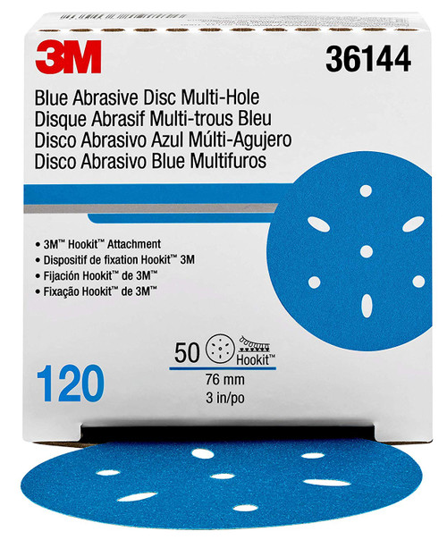 3M 36144 Disco abrasivo azul Hookit con orificios múltiples, 3 pulgadas, grado 120