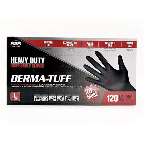 قفازات SAS Safety 66582 derma-tuff خالية من البودرة من اللاتكس الأسود للاستعمال مرة واحدة، مقاس متوسط