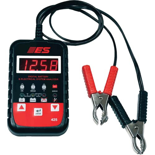Electronic Specialties 425 digital tester in use, displaying battery condition on screen.