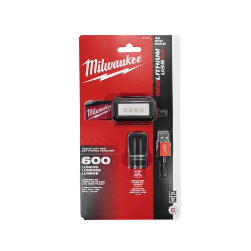 Milwaukee 2115-21 Linterna frontal con casco de perfil bajo, LED, Redlithium, USB, 600 lúmenes