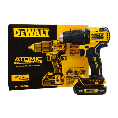 DeWalt DCD709C2 ATOMIC 20-Volt MAX Cordless Brushless Compact 1/2 in.  Hammer Drill, (2) 20-Volt 1.3Ah Batteries, Charger & Bag