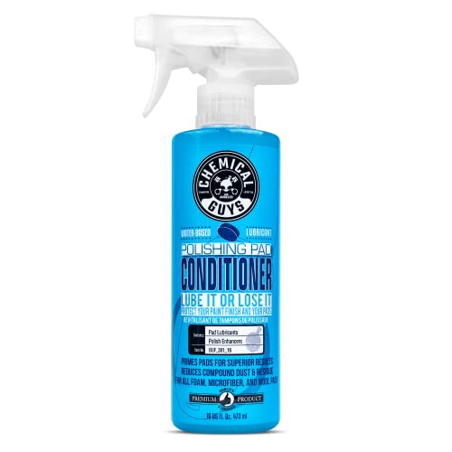 Chemical Guys Polishing & Buffing Pad Conditioner bottle with logo and usage instructions visible.