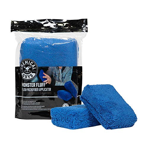 Two Chemical Guys Monster Fluff Applicators in blue, packaged and ready for use.