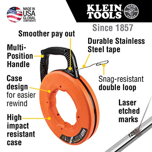 Klein Tools 56341 Fish Tape / Wire Puller, Stainless Steel with Double Loop  Tip