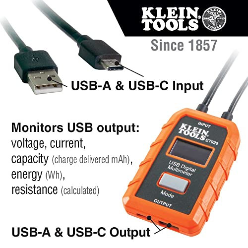 Inspektion mikrobølgeovn opstrøms Klein Tools ET920 USB-strømmåler, USB-A og USB-C digitalmåler for spenning  | JB Tools