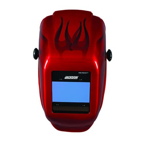 Front view of Jackson Safety Insight Digital ADF Welding Helmet with Halox Flame graphic