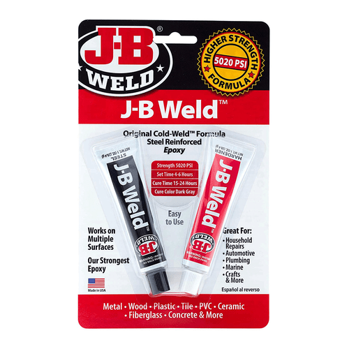 JB Weld 8265S Cold Weld Epoxy Compound siap diaplikasikan dengan komponen-komponennya ditampilkan.