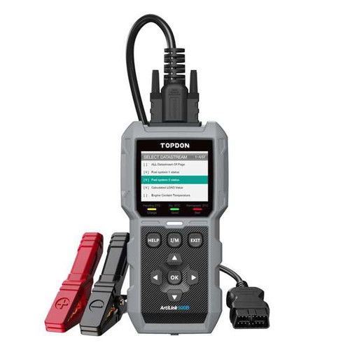 TOPDON AL500B connected to a car's OBD2 port, displaying diagnostics