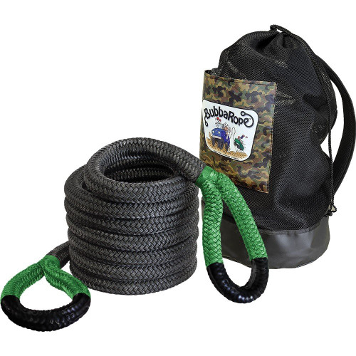 Bubba Rope Jumbo Bubba 1.5" x 20' kinetic recovery rope laid out on the ground, ready for use.