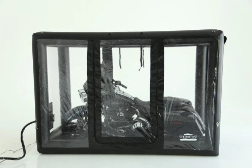 Indoor Bike Showcase with clear PVC cover and fan attachment.