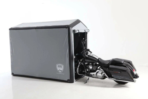 Outdoor Bike Showcase with clear PVC cover and fan attachment.