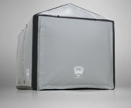 Outdoor Bike Showcase with clear PVC cover and fan attachment.