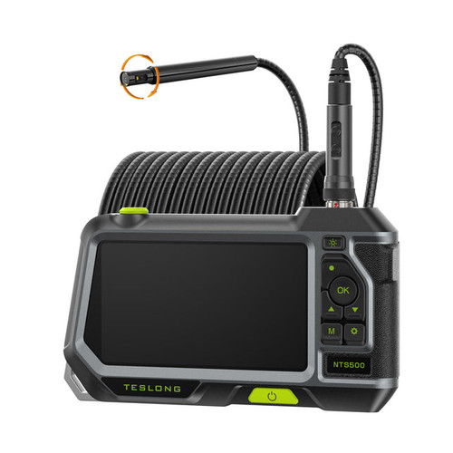 Teslong rotating probe inspection camera with 5-inch HD screen showing detailed engine inspection.