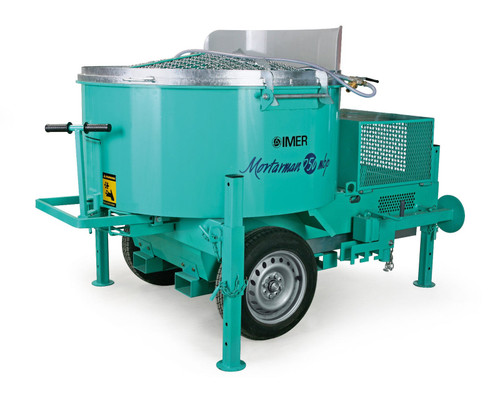 Side view of IMER Mix 750 Towable 18CF Vertical Shaft Mortar Mixer 13 HP Honda Gas Motor
