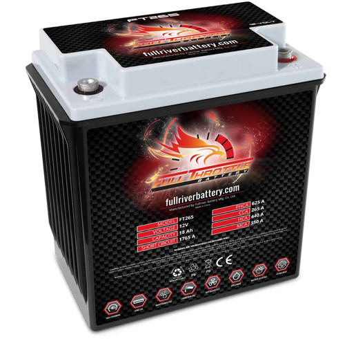 Close up of Fullriver AGM FT265 high-performance 12V 18Ah battery.