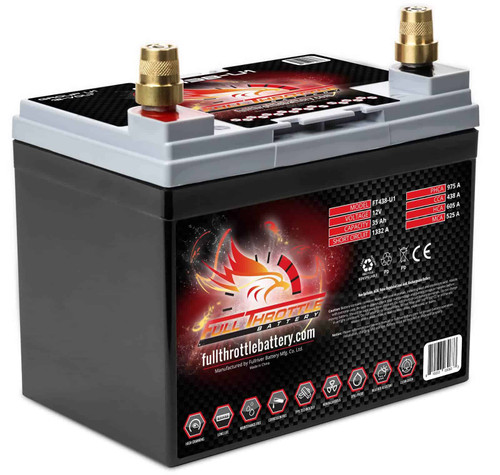 Front view of Fullriver AGM FT438-U1 high-performance 12V 35Ah battery.