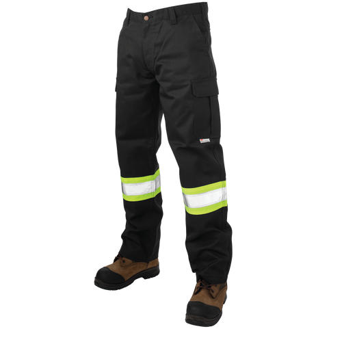 Detailed view of Tough Duck relaxed fit twill safety cargo pant with reflective tape and multiple pockets