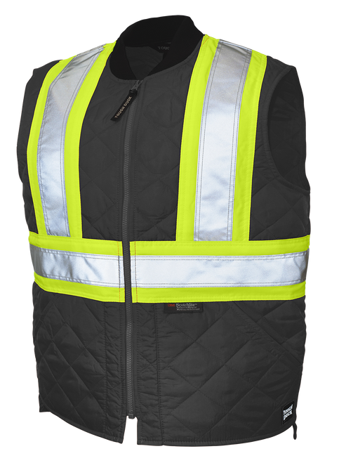 Close up of Tough Duck Quilted Safety Freezer Vest with Reflective Trim