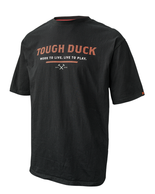 Front view of Tough Duck Logo T-Shirt with rib-knit collar and screen-printed logos
