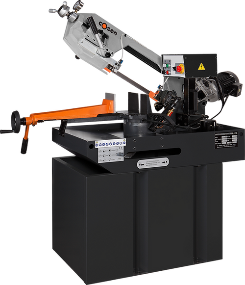 Manual horizontal mitering scissor band saw for precision metal cutting in industrial workshops