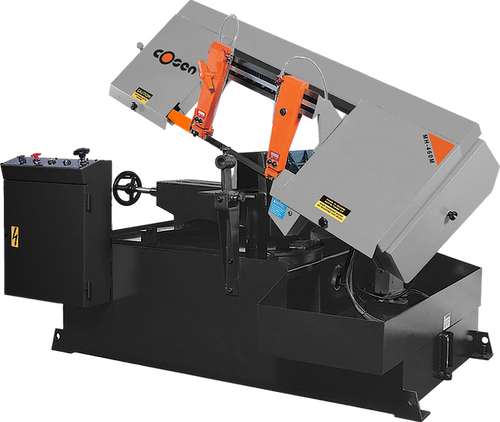 Manual horizontal mitering scissor band saw designed for precise metal cutting in manufacturing environments