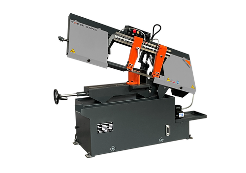 Manual horizontal scissor style band saw for high-precision metal cutting in industrial applications