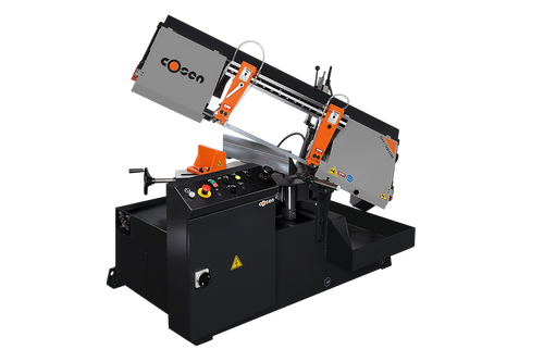 Semi-automatic horizontal scissor mitering band saw for versatile and accurate metal cutting in fabrication shops