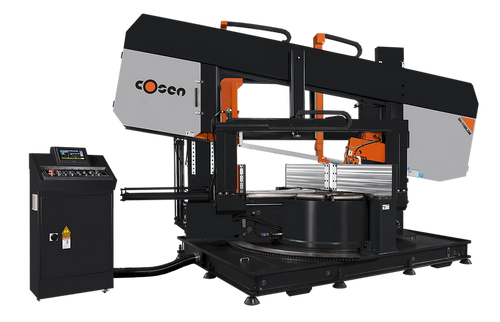 Semi-automatic dual mitering horizontal column band saw for accurate metal cutting in industrial workshops