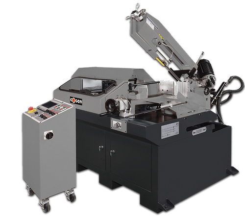 Fully automatic horizontal scissor mitering band saw for high-efficiency metal cutting in manufacturing settings
