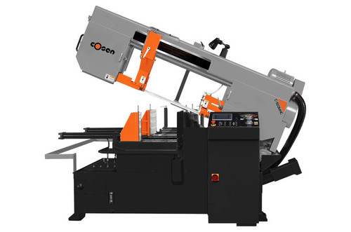 Fully automatic horizontal scissor mitering band saw for enhanced metal cutting capabilities in fabrication shops