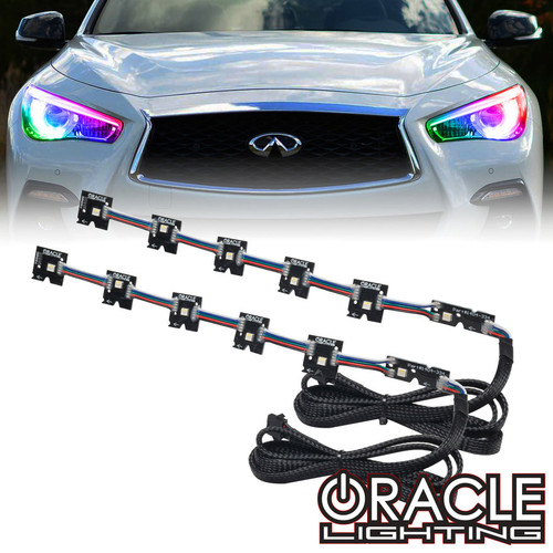 Detailed view of Oracle Lighting 2014-2024 Infiniti Q50 ColorSHIFT® RGB+W Headlight Halo Kit, Oracle Lighting 2014-2024 Infiniti Q50 ColorSHIFT® RGB+W Headlight Halo Kit in ColorSHIFT® - w/ RF Controller, Oracle Lighting 2014-2024 Infiniti Q50 ColorSHIFT® RGB+W Headlight Halo Kit in ColorSHIFT® - w/ 2.0 Controller, Oracle Lighting 2014-2024 Infiniti Q50 ColorSHIFT® RGB+W Headlight Halo Kit in ColorSHIFT® - w/ No Controller, Oracle Lighting 2014-2024 Infiniti Q50 ColorSHIFT® RGB+W Headlight Halo Kit in olorSHIFT® - w/ BC1 Controller, Oracle Lighting 2014-2024 Infiniti Q50 ColorSHIFT® RGB+W Headlight Halo Kit in ColorSHIFT® - w/ Simple Controller, Close up view of Oracle Lighting 2014-2024 Infiniti Q50 ColorSHIFT® RGB+W Headlight Halo Kit, Front view of Oracle Lighting 2014-2024 Infiniti Q50 ColorSHIFT® RGB+W Headlight Halo Kit, Oracle Lighting 2014-2024 Infiniti Q50 ColorSHIFT® RGB+W Headlight Halo Kit