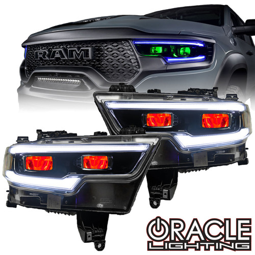 Oracle Lighting 2019-2024 RAM 1500 ColorSHIFT® Headlight Demon Eye Kit In Use, Front view of Oracle Lighting 2019-2024 RAM 1500 ColorSHIFT® Headlight Demon Eye Kit, Box of Oracle Lighting 2019-2024 RAM 1500 ColorSHIFT® Headlight Demon Eye Kit, Oracle Lighting 2019-2024 RAM 1500 ColorSHIFT® Headlight Demon Eye Kit in White, Oracle Lighting 2019-2024 RAM 1500 ColorSHIFT® Headlight Demon Eye Kit in Blue