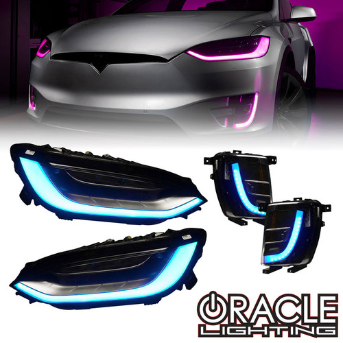 Detailed view of Oracle Lighting 2016-2024 Tesla Model X Combo Kit, Oracle Lighting 2016-2024 Tesla Model X Combo Kit in white background, Bluetooth Controller of Oracle Lighting 2016-2024 Tesla Model X Combo Kit, Green variation of Oracle Lighting 2016-2024 Tesla Model X Combo Kit, Yellow variation of Oracle Lighting 2016-2024 Tesla Model X Combo Kit