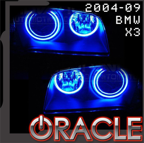 Front view of Oracle Lighting 2004-2009 BMW X3 Headlight Halo Kit, ColorSHIFT® variation of Oracle Lighting 2004-2009 BMW X3 Headlight Halo Kit, Close up view of Oracle Lighting 2004-2009 BMW X3 Headlight Halo Kit, Oracle Lighting 2004-2009 BMW X3 Headlight Halo Kit in use