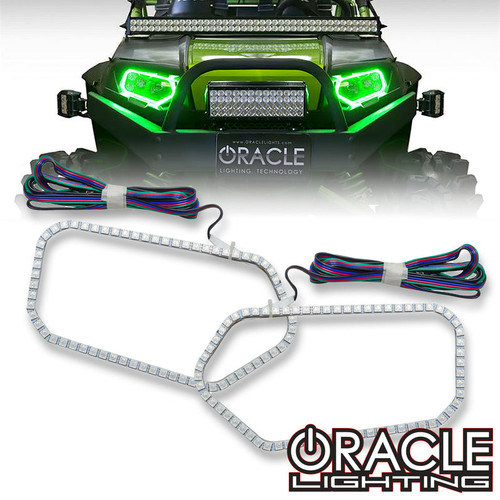 Front view of Oracle Lighting Polaris RZR Halo Kit Green variation, Oracle Lighting 2244-330 Polaris RZR Halo Kit in white background, Oracle Lighting 2244-330 Polaris RZR Halo Kit and its box, Blue variation of Oracle Lighting 2244-330 Polaris RZR Halo Kit, Red variation of Oracle Lighting 2244-330 Polaris RZR Halo Kit
