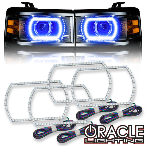 Detailed view of Oracle Lighting 2014-2015 Chevrolet Silverado LED Headlight Projector Halo Kit, Oracle Lighting 2014-2015 Chevrolet Silverado LED Headlight Projector Halo Kit in white background, Switched OnOracle Lighting 2014-2015 Chevrolet Silverado LED Headlight Projector Halo Kit