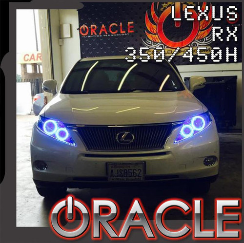 Front view of Oracle Lighting 2010-2012 Lexus RX 350/450h LED Headlight Halo Kit, ColorSHIFT® of Oracle Lighting 2010-2012 Lexus RX 350/450h LED Headlight Halo Kit, Oracle Lighting 2010-2012 Lexus RX 350/450h LED Headlight Halo Kit in white background, Oracle Lighting 2010-2012 Lexus RX 350/450h LED Headlight Halo Kit Installed