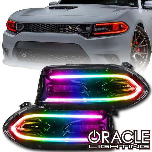 Front view of Oracle Lighting Dodge Charger ColorSHIFT® Headlight Kit, Oracle Lighting Dodge Charger ColorSHIFT® Headlight Kit in white background, White variation of Oracle Lighting Dodge Charger ColorSHIFT® Headlight Kit, Blue variation of Oracle Lighting Dodge Charger ColorSHIFT® Headlight Kit, Red Variation of Oracle Lighting Dodge Charger ColorSHIFT® Headlight Kit