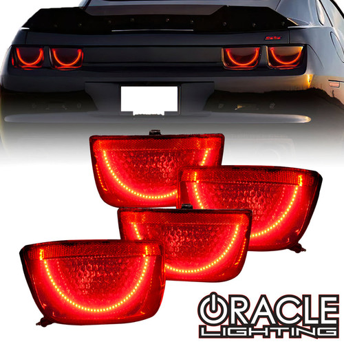 Front view of Oracle Lighting Chevrolet Camaro Afterburner Tail Light Halo Kit, Oracle Lighting Chevrolet Camaro Afterburner Tail Light Halo Kit in white background, Oracle Lighting Chevrolet Camaro Afterburner Tail Light Halo Kit in the box, Close-up of Oracle Lighting Chevrolet Camaro Afterburner Tail Light Halo Kit being used, Oracle Lighting Chevrolet Camaro Afterburner Tail Light Halo Kit attached to black Camaro