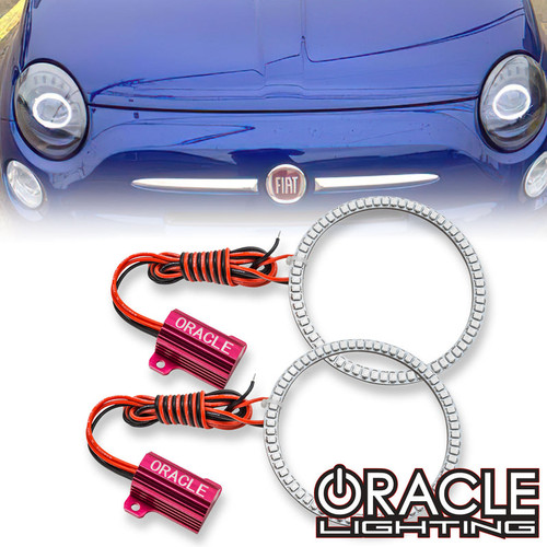 Front view of Oracle Lighting Fiat 500 Headlight Kit, Oracle Lighting Fiat 500 Headlight Kit in blue variant, Oracle Lighting Fiat 500 Headlight Kit being used, White variation of Oracle Lighting Fiat 500 Headlight Kit, ColorSHIFT® variation of Oracle Lighting Fiat 500 Headlight Kit