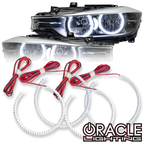 Front view of Oracle Lighting BMW Headlight Kit, Oracle Lighting BMW Headlight Kit in white background, Oracle Lighting BMW Headlight Kit inside the box, Red variant of Oracle Lighting BMW Headlight Kit, RGB Oracle Lighting BMW Headlight Kit, White variant of Oracle Lighting BMW Headlight Kit, Blue variant of Oracle Lighting BMW Headlight Kit, Purple variant of Oracle Lighting BMW Headlight Kit