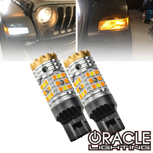 Detailed view of Oracle Lighting 7443-CK LED Switchback Bulbs, A pair of Oracle Lighting 7443-CK LED Switchback Bulbs, Oracle Lighting 7443-CK LED Switchback Bulbs specs, Oracle Lighting 7443-CK LED Switchback Bulbs in use