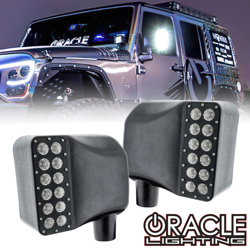 Detailed view of Oracle Lighting Jeep Wrangler JK LED Off-Road Side Mirrors, Box of Oracle Lighting Jeep Wrangler JK LED Off-Road Side Mirrors, Sample appearance of Oracle Lighting Jeep Wrangler JK LED Off-Road Side Mirrors, Oracle Lighting Jeep Wrangler JK LED Off-Road Side Mirrors in use, Oracle Lighting Jeep Wrangler JK LED Off-Road Side Mirrors on white background