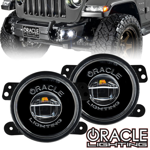 Front view of Oracle Lighting High Performance 20W LED Fog Lights, Back view of Oracle Lighting High Performance 20W LED Fog Lights, Close-up of installed Oracle Lighting High Performance 20W LED Fog Lights, Yellow variant of Oracle Lighting High Performance 20W LED Fog Lights, Purple variant of Oracle Lighting High Performance 20W LED Fog Lights,